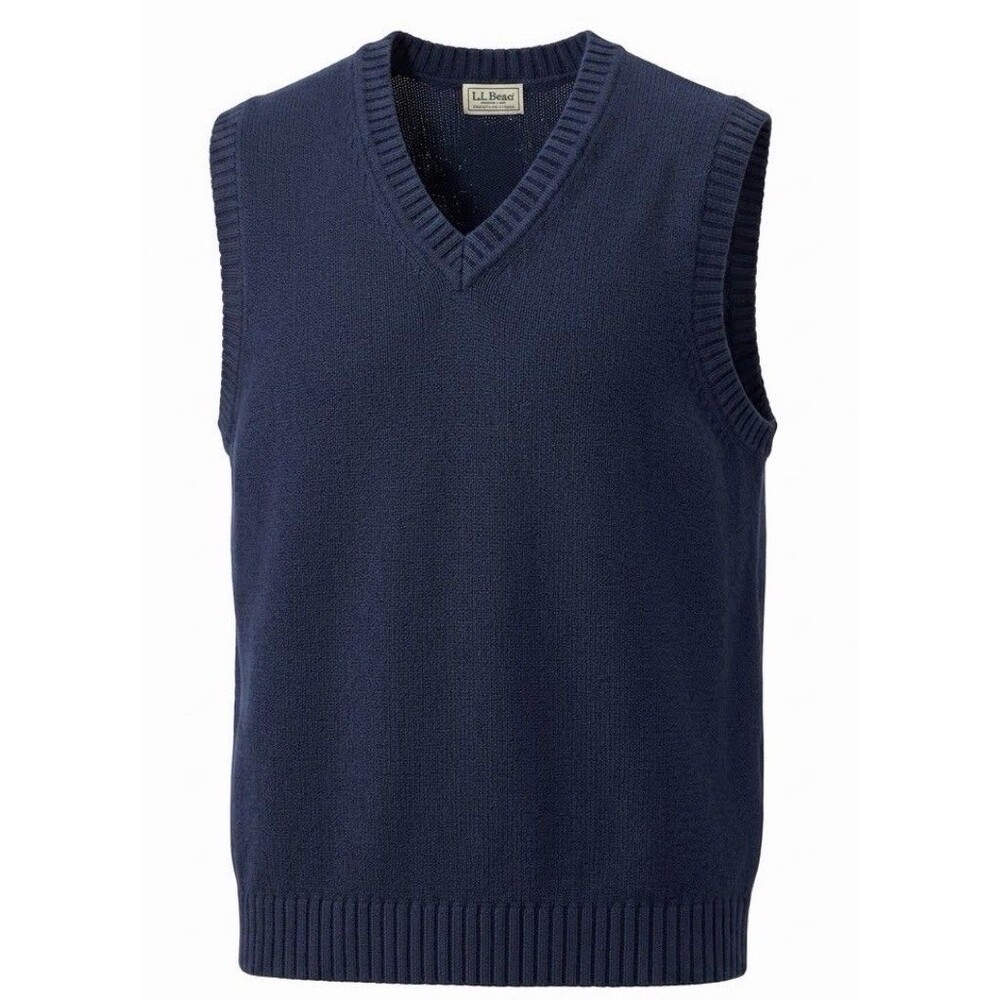 L.L. Bean Men Medium Blue V Neck Sweater Vest Cotton Preppy Classic